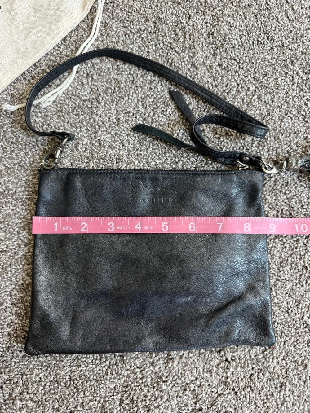 Ona Villier Black Leather Crossbody Clutch Purse w Tassel & Dust Bag